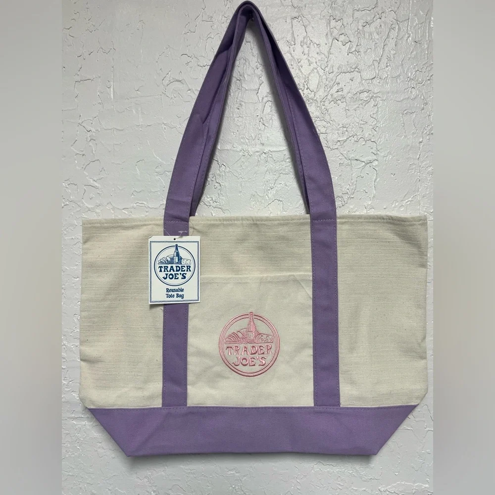 Trader Joe's Cream Lavender Purple LARGE Canvas Tote - Picture 1 of 5